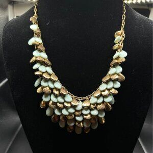 Layered bib necklace with mint green and gold teardrop beads vintage statement